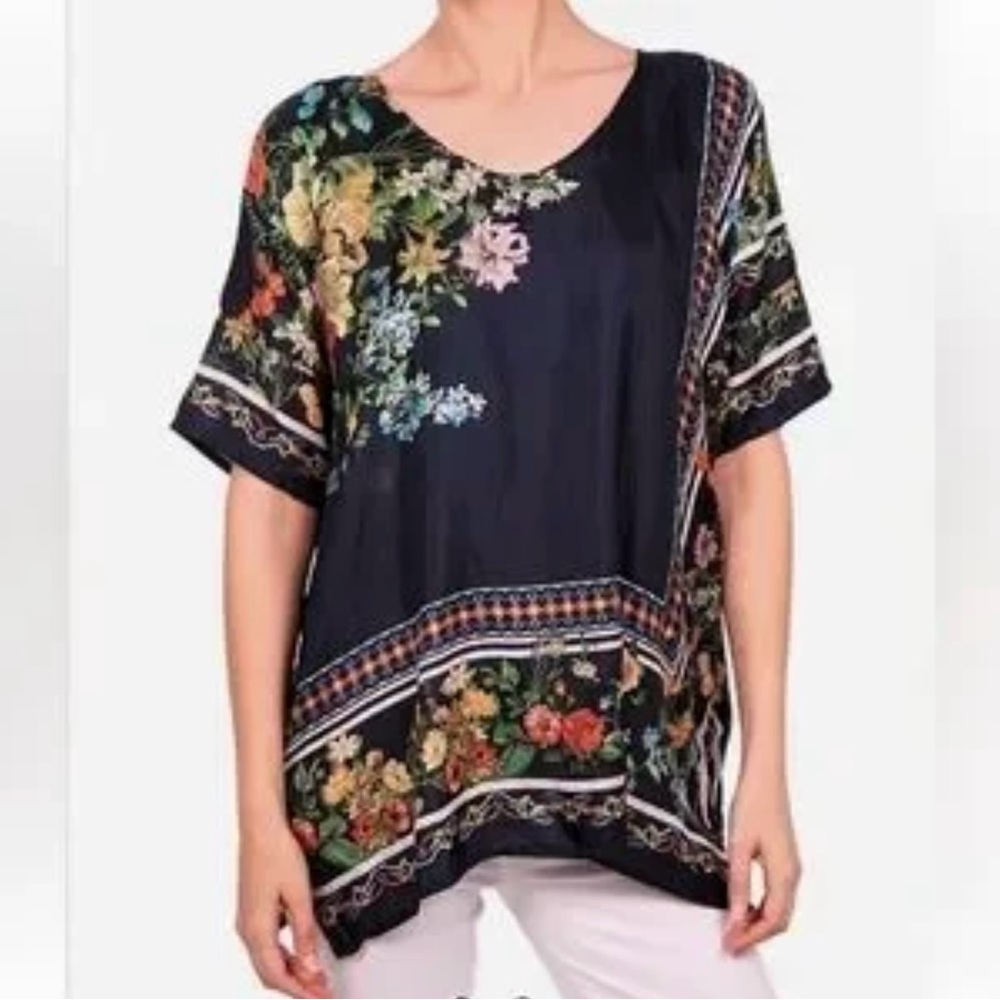 Johnny Was Mixed Floral Print Crew Neck Short Sleeve Top
 Sz XS